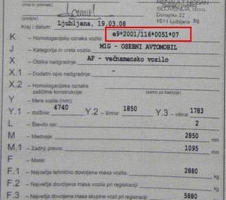 Primer homologacijske oznake vozila